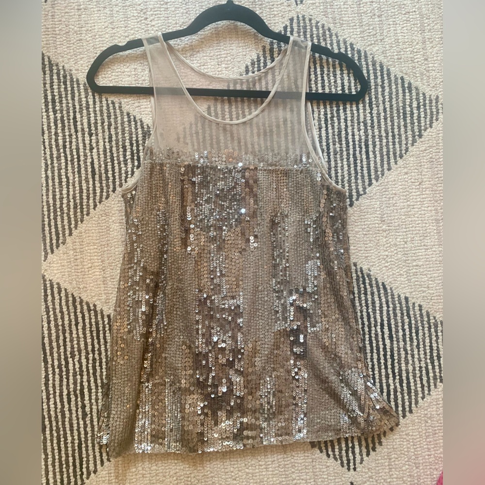 PARKER  Embellished Sequin Top w/Sheer Yoke - Taupe/Metallic - Size Small